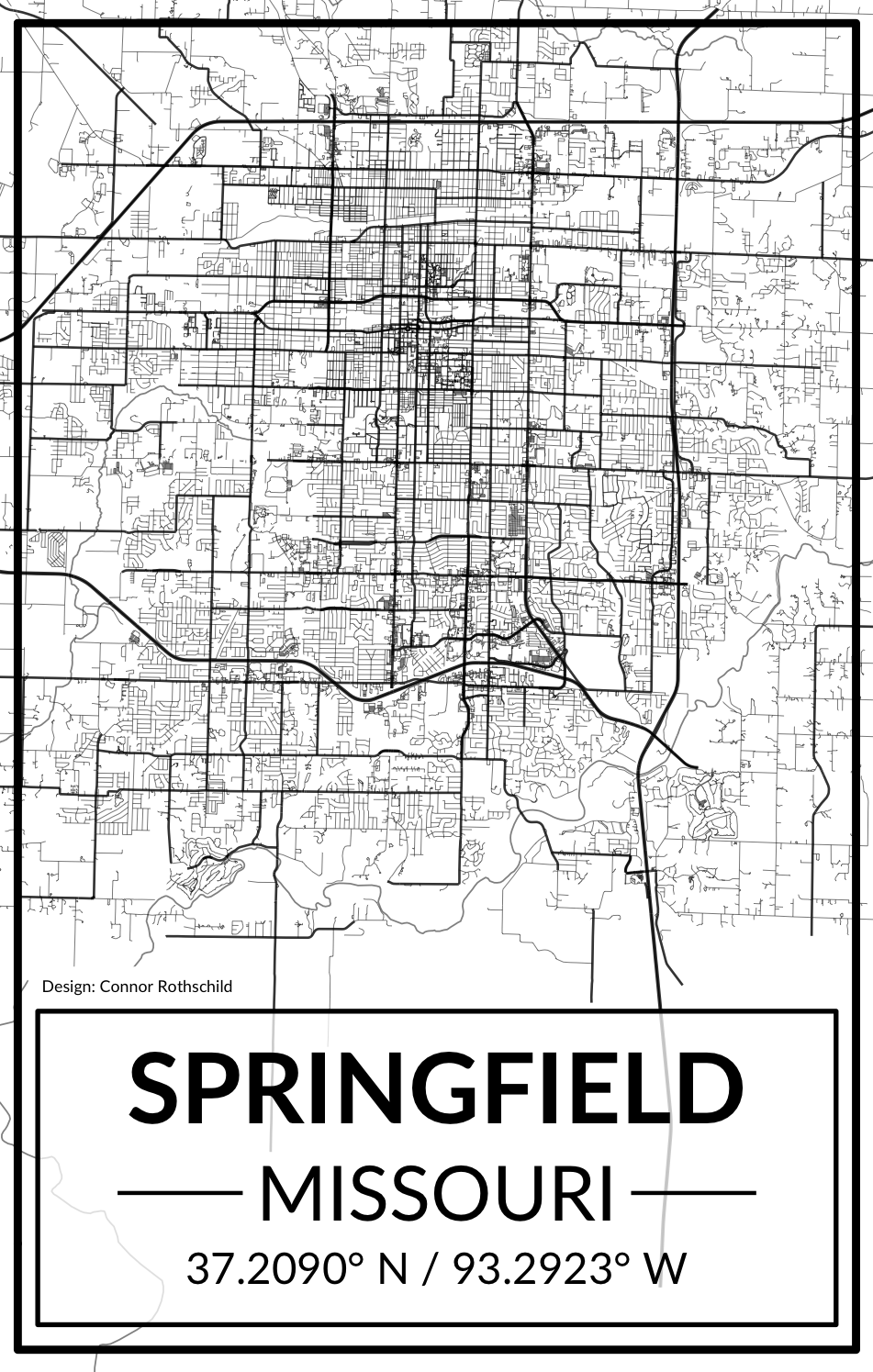 A black and white map of Springfield, Missouri.