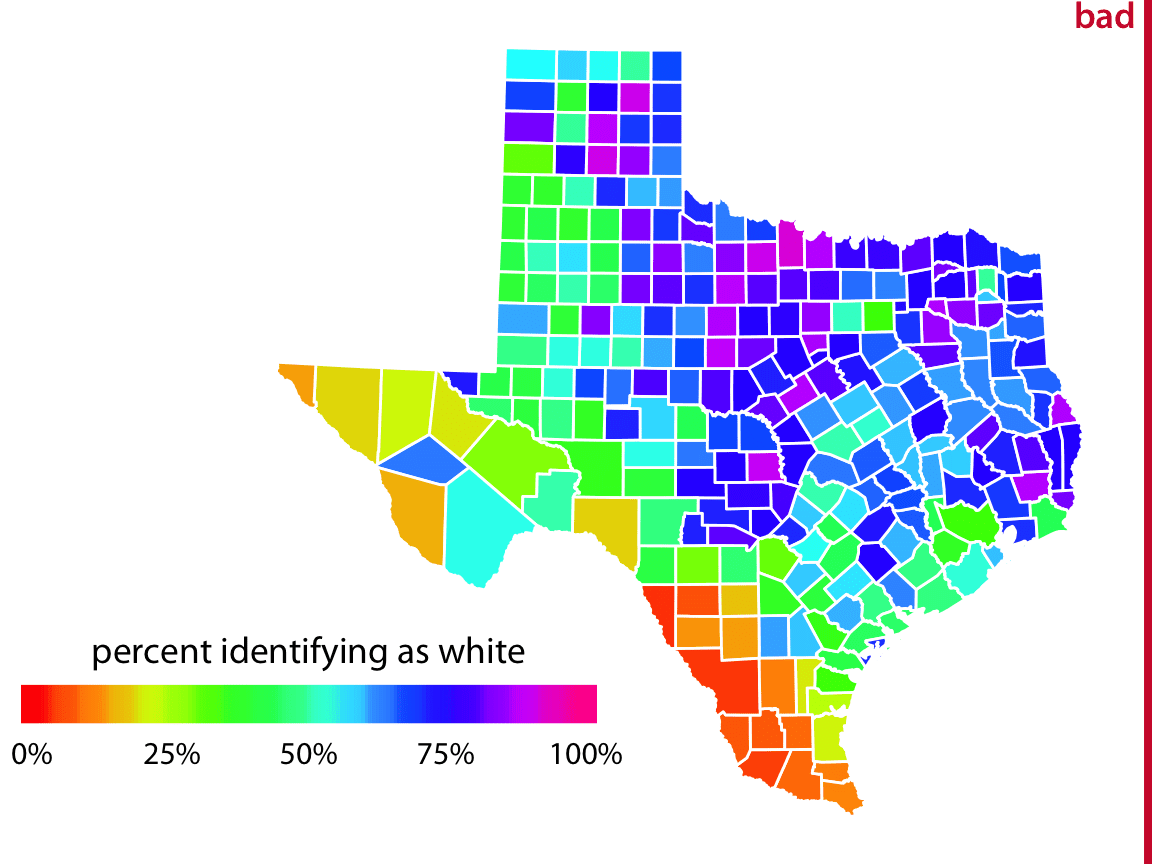 A map of Texas where each county is shaded according to its proportional white population. The color scale is rainbow, making it difficult to detect relative differences.