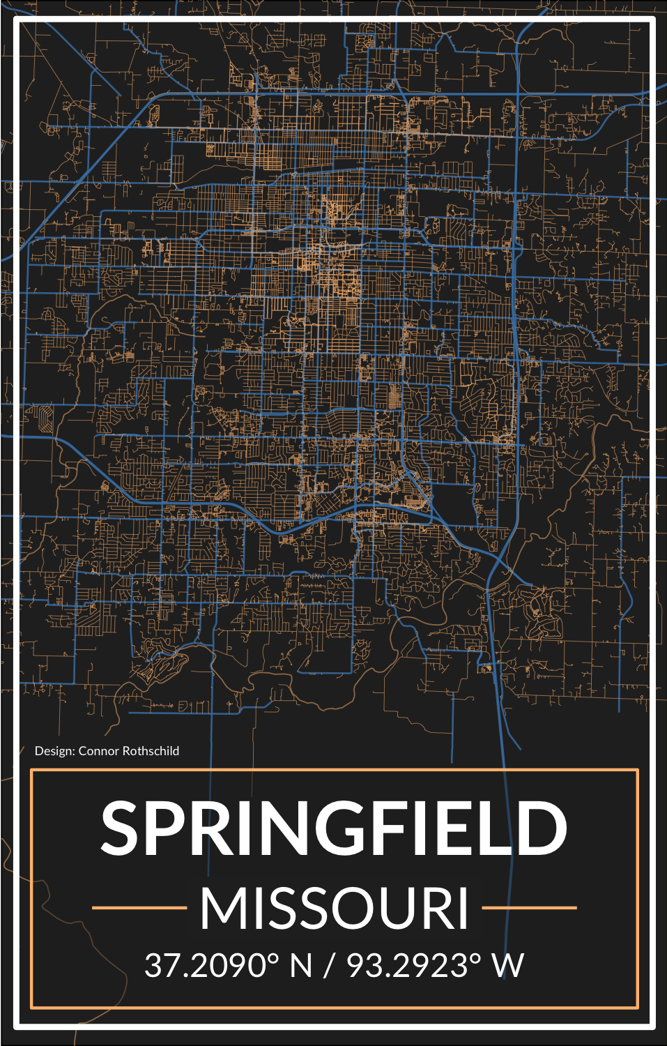 A gold map of Springfield, Missouri.