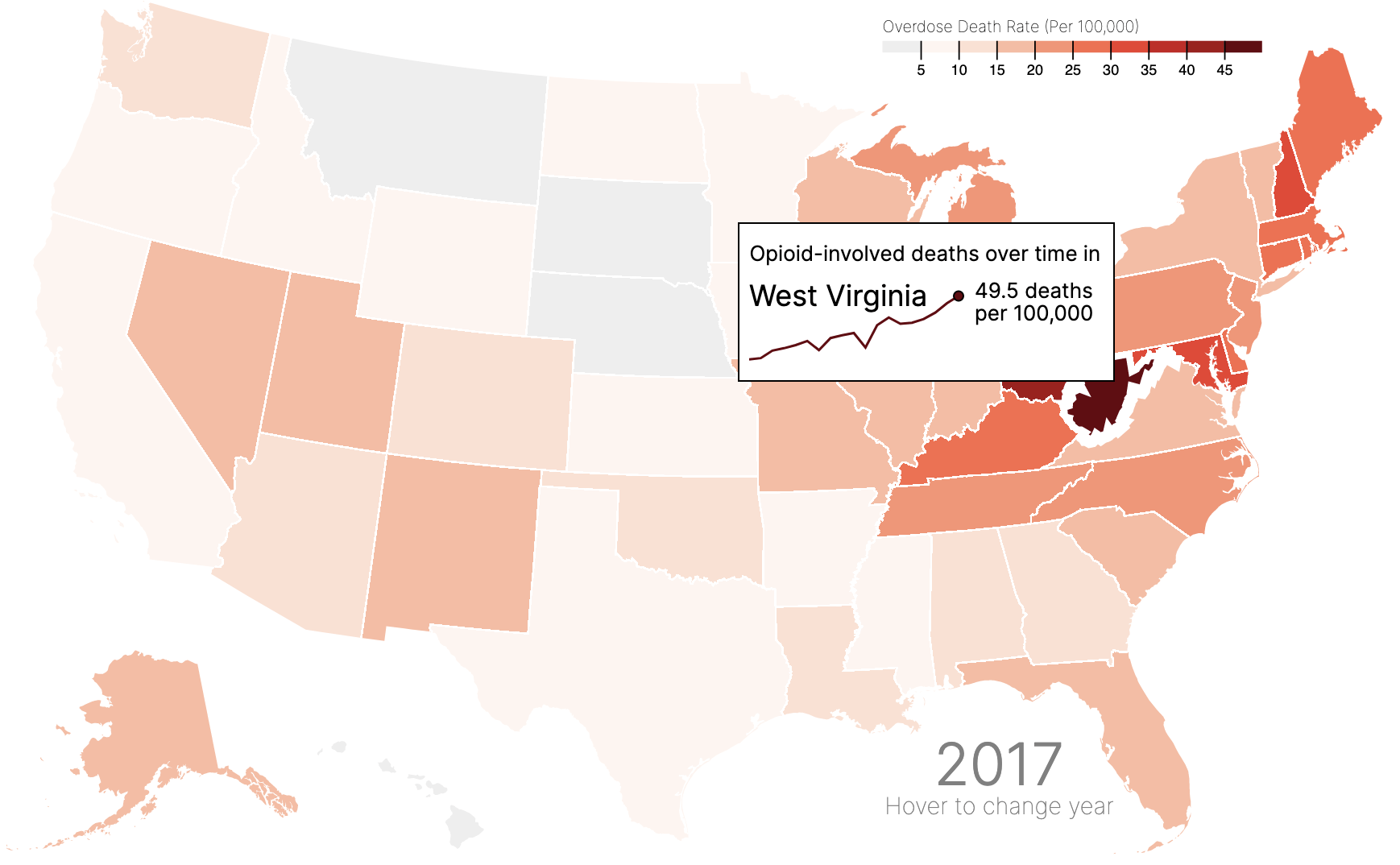 A static image focusing on West Virginia, showcasing the tooltip which shows a line chart increasing over time.